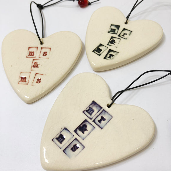 various mr & ms heart ceramic ornament by RJ crosses from have you met charlie a gift shop with Australian unique handmade gifts in Adelaide South Australia