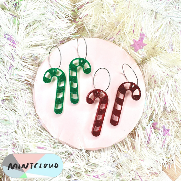 Mintcloud Christmas Earrings - Candy Cane Green or Red Glitter