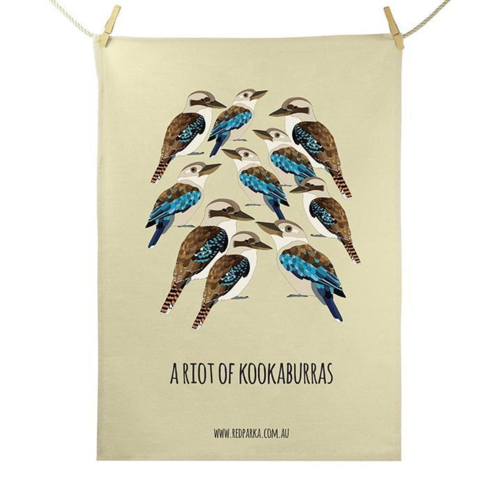 Red Parka Tea Towels Riot of Kookaburras from have you met charlie a gift shop with Australian unique handmade gifts in Adelaie South Australia