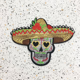 sugar skull in sombrero iron on patch by patch press from have you met charlie a gift shop with Australian unique handmade gifts in Adelaide South Australia