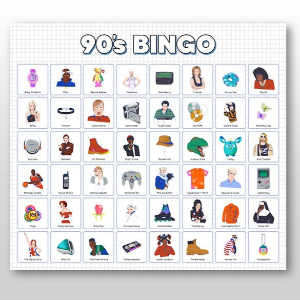 90's themed bingo game from have you met charlie? a unique gift shop in adelaide south australia