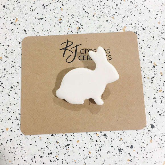 white ceramic bunny rabbit brooch by RJ crosses from have you met charlie a gift shop with Australian unique handmade gifts in Adelaide South Australia