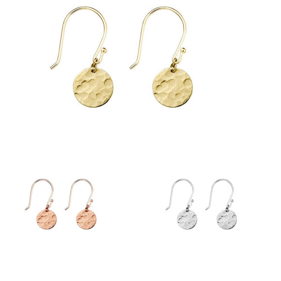 simple sterling silver drop earrings with hooks and hammered circle in gold rose gold and silver from have you met charlie in australia 