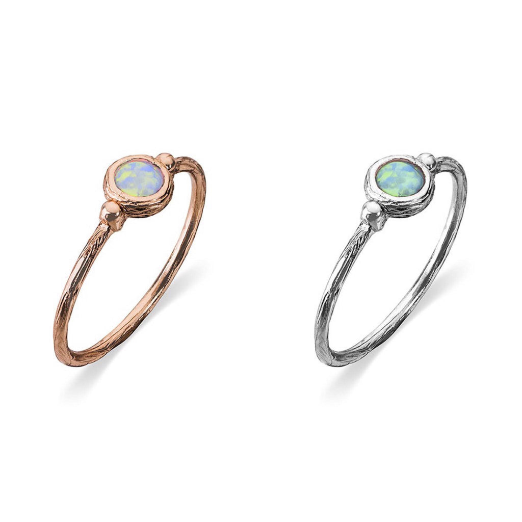 Sterling Silver stacker Ring with textured, beaten finish and gorgeous blue-green opalite setting, Also available in Rose Gold plated Sterling Silver from unique gift shop have you met charlie in adelaide south australia