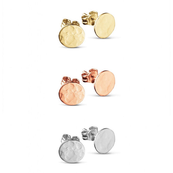Simple Sterling Silver flat circle studs with hammered finish. Also available in Rose Gold and Gold plated Sterling Silver from unique gift shop have you met charlie in adelaide south australia