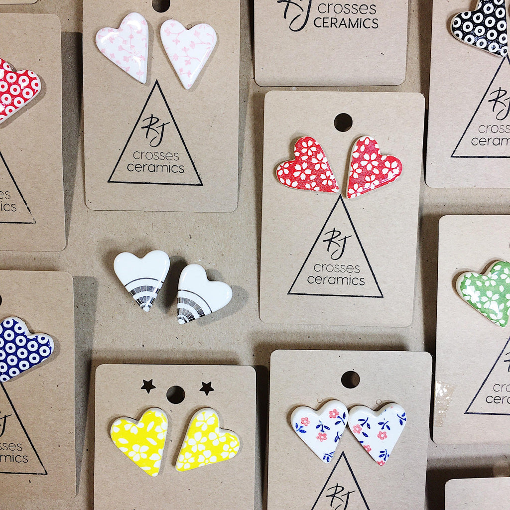 RJ Crosses Earrings - Patterned Heart Studs from have you met charlie a gift shop with Australian unique handmade gifts in Adelaide South Australia