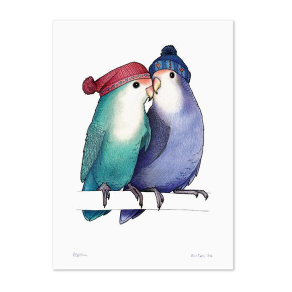 Birds In Hats Print - Lovebirds in Bobble Hats A4 from have you met charlie a gift shop with Australian unique handmade gifts in Adelaide South Australia