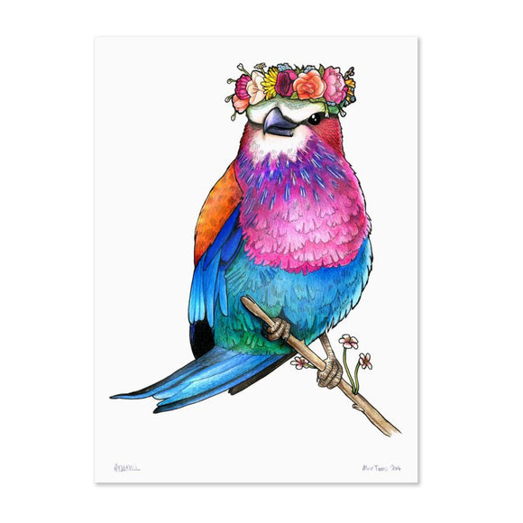 Birds In Hats Print - Lilac Breasted Roller in a Floral Head Crown A4 from have you met charlie a gift shop with Australian unique handmade gifts in Adelaide South Australia