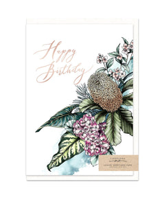 happy birthday card with gold foil and banksia flower bouquet illustration from unique gift shop have you met charlie in adelaide south australia