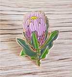 pink protea enamel pin by patch press from have you met charlie a gift shop with Australian unique handmade gifts in Adelaide South Australia