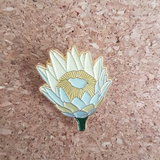 white protea enamel pin by patch press from have you met charlie a gift shop with Australian unique handmade gifts in Adelaide South Australia