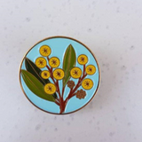 gold wattle blue enamel pin by patch press from have you met charlie a gift shop with Australian unique handmade gifts in Adelaide South Australia