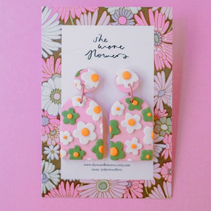 She Wore Flowers Dangles - Pink Floral Rectangle*