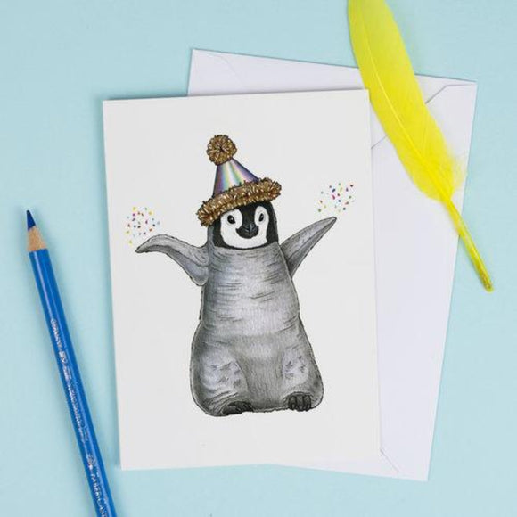 Birds In Hats Greeting Card - Penguin Chick in a Party Hat from have you met charlie a gift shop with Australian unique handmade gifts in Adelaide South Australia