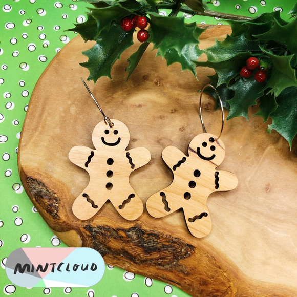 Mintcloud Christmas Earrings - Gingerbread Men Cherrywood Cut Out Detail