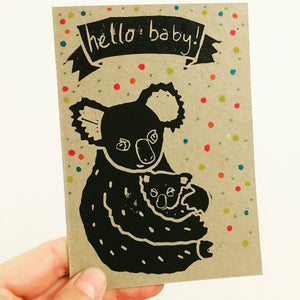Baby greeting card with koala holding baby koala with colourful polkadots from australian gift shop have you met charlie in adelaide south australia