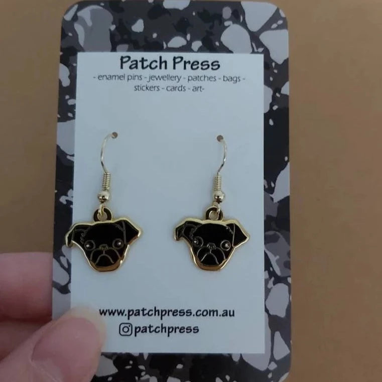 Patch press black smooth coat brussels griffon puppy dog enamel dangle earrings at HYMC in Adelaide, South Australia.