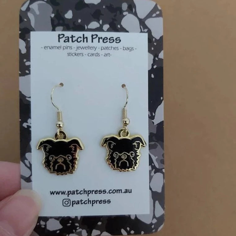 Patch press black coat brussels griffon puppy dog enamel dangle earrings at HYMC in Adelaide, South Australia.