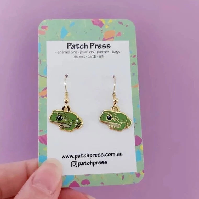 Patch Press frog enamel dangle earrings at HYMC in Adelaide, South Australia.