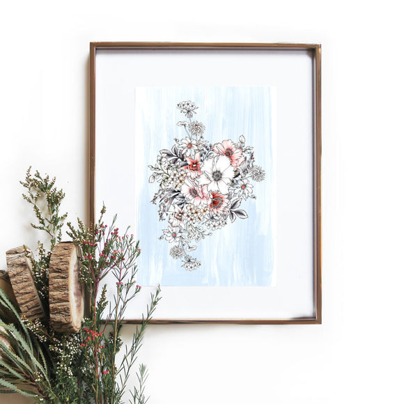 pale blue floral bouquet art print by typoflora hand drawn illustrated available from have you met charlie a unique gift shop in adelaide south australia