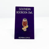 Red Parka owl enamel pin from have you met charlie a gift shop with Australian unique handmade gifts in Adelaie South Australia