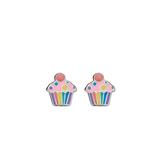 cute sterling silver cup cake earrings with multi coloured stripes and spots available from unique gift shop have you met charlie in adelaide south australia