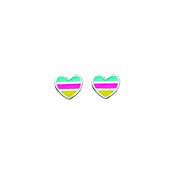 small sterling silver stud earrings in heart shape with blue pink and yellow coloured stripes from unique gift shop have you met charlie in adelaide south australia