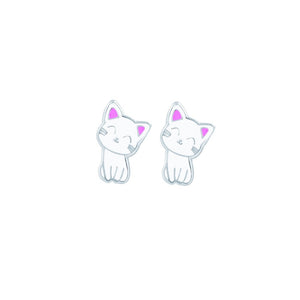 cute sterling silver studs in smiling white cat design with pink ears from unique gift shop have you met charlie in adelaide south australia