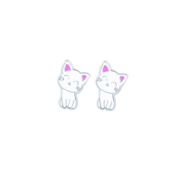 cute sterling silver studs in smiling white cat design with pink ears from unique gift shop have you met charlie in adelaide south australia