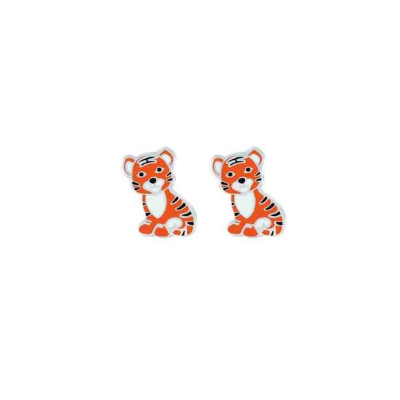 cute sterling silver studs in sitting orange tiger design with black stripes from unique gift shop have you met charlie in adelaide south australia
